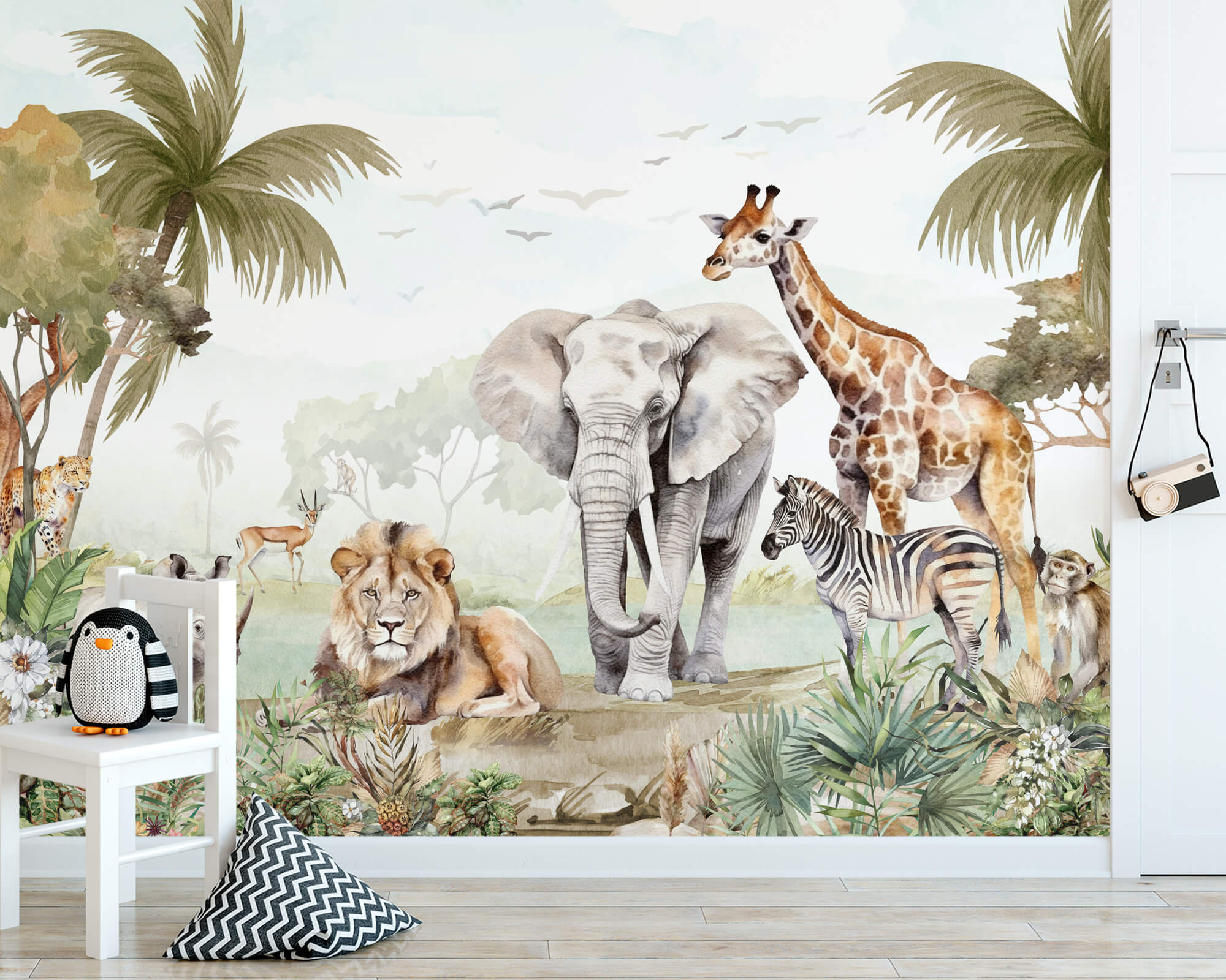 Watercolor Safari with Tropical Leaves Wallpaper