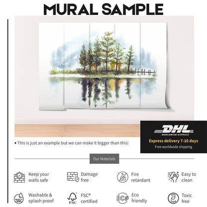 Pine Trees With Lake Watercolor Wallpaper