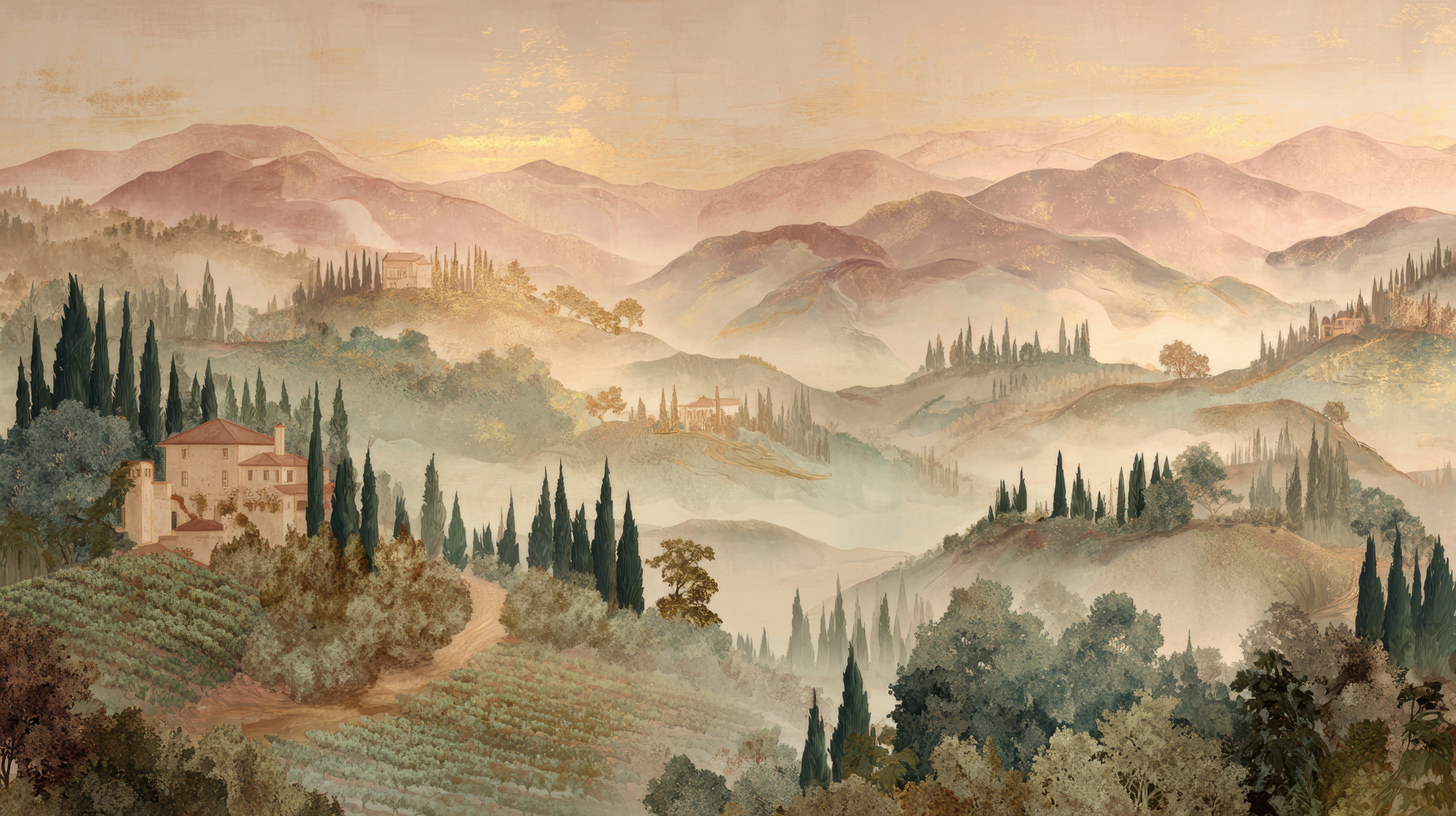 Watercolour Italian Hills Mural Wallpaper
