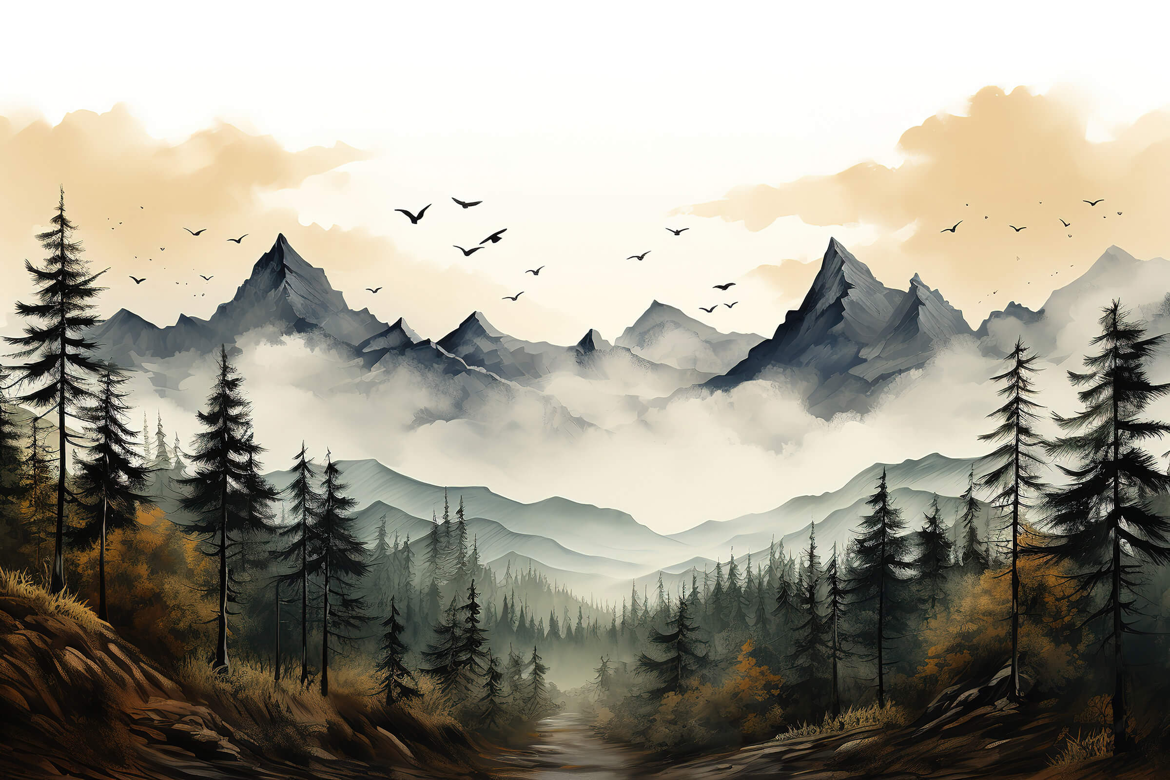 Landscape Mountain Watercolour Wallpaper