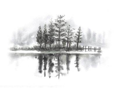 Black Pine Trees With Lake Watercolor Wallpaper