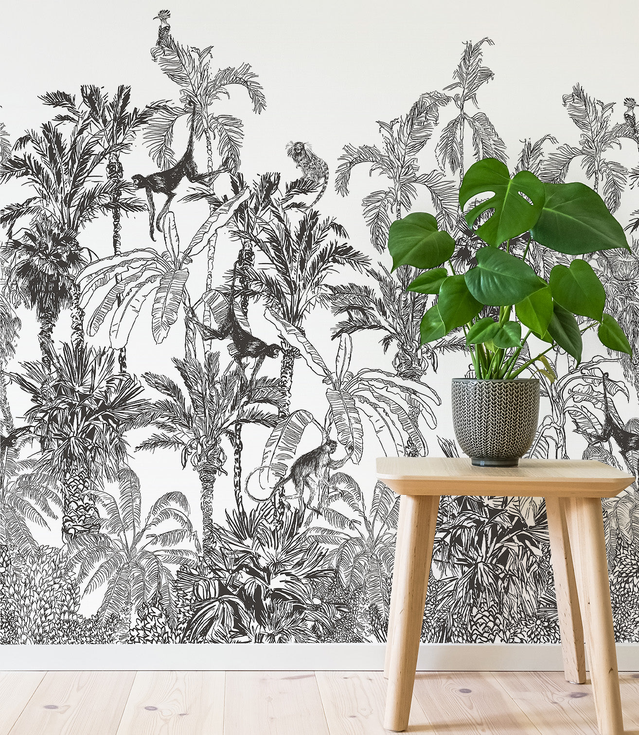Black And White Jungle Tropical Mural Wallpaper