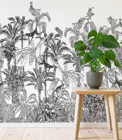 Black And White Jungle Tropical Mural Wallpaper