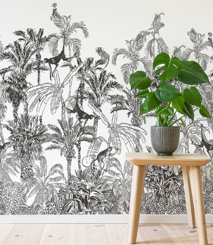 Black And White Jungle Tropical Mural Wallpaper