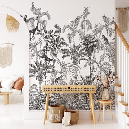 Black And White Jungle Tropical Mural Wallpaper