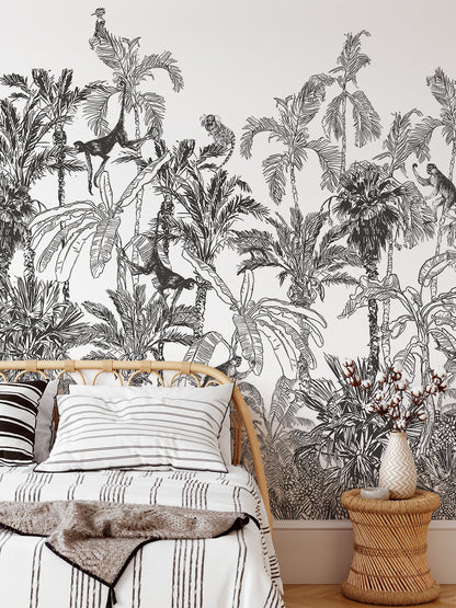 Black And White Jungle Tropical Mural Wallpaper