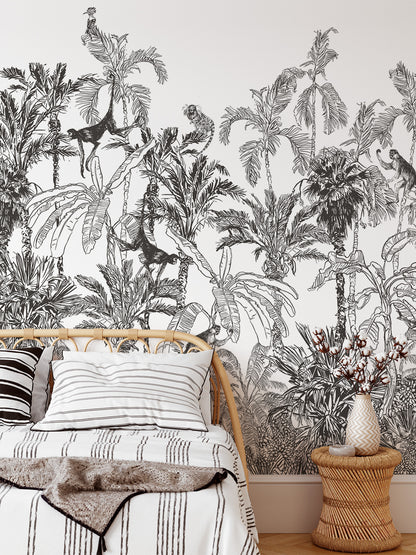 Black And White Jungle Tropical Mural Wallpaper