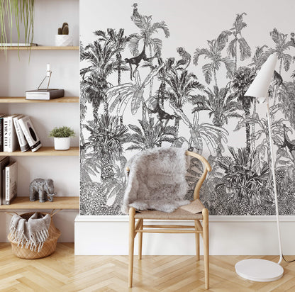 Black And White Jungle Tropical Mural Wallpaper