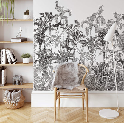 Black And White Jungle Tropical Mural Wallpaper