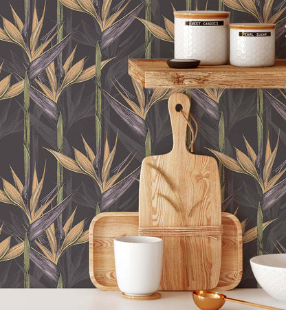 Black illustration style beach wallpaper for bathroom and bedroom walls