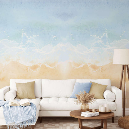 Blue beach with watercolor effect mural wallpaper for modern interiors