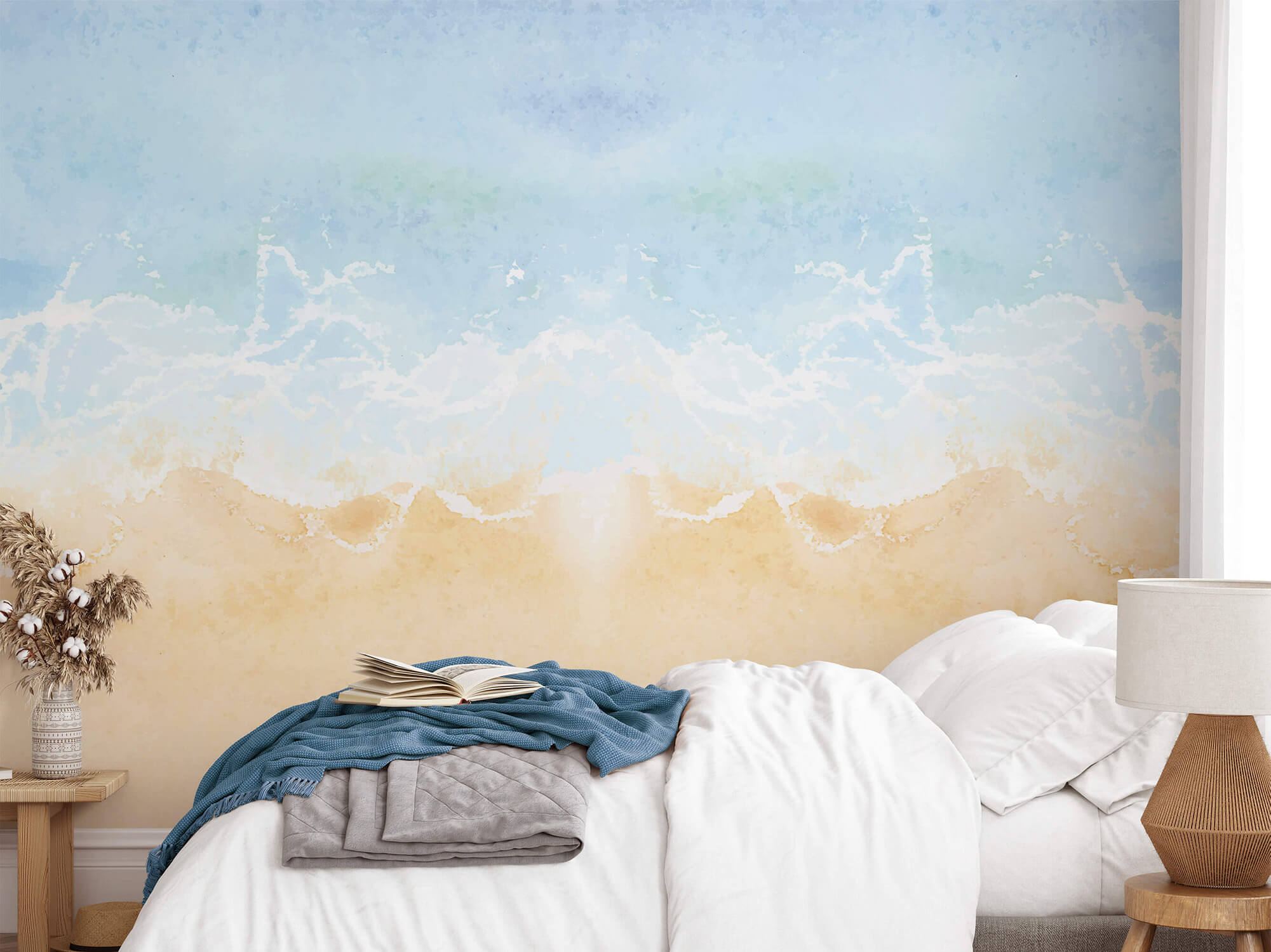 Blue ocean view watercolor finish wallpaper for living room