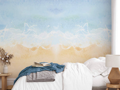 Blue ocean view watercolor finish wallpaper for living room