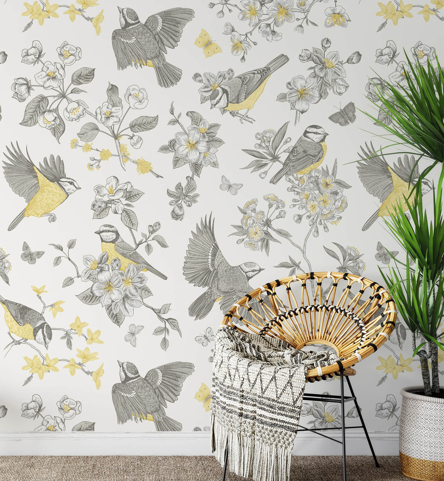 Botanical bird and butterfly pattern wallpaper for kids room and bathroom