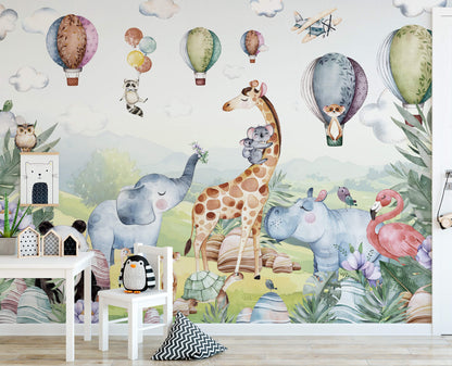 Cute animal safari with airplane, deer, hippo and elephant wallpaper