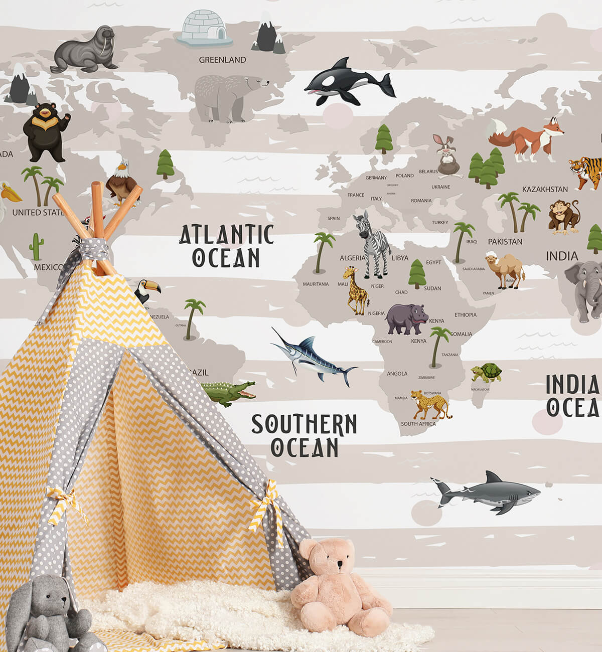 Educational world map  with animals wallpaper for kids room walls