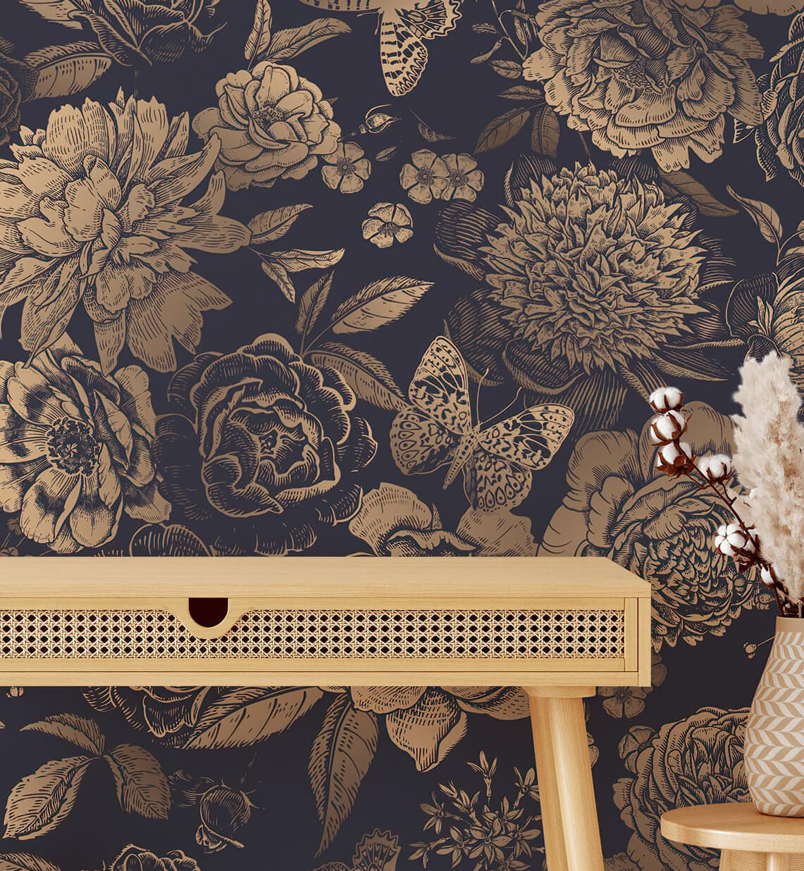 Golden beautiful peonies wallpaper for bathroom wall
