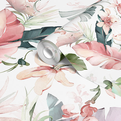Watercolor Banana Leaves With Flower Wallpaper