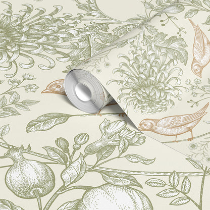 Vintage Botanical Birds & Pomegranate Wallpaper
