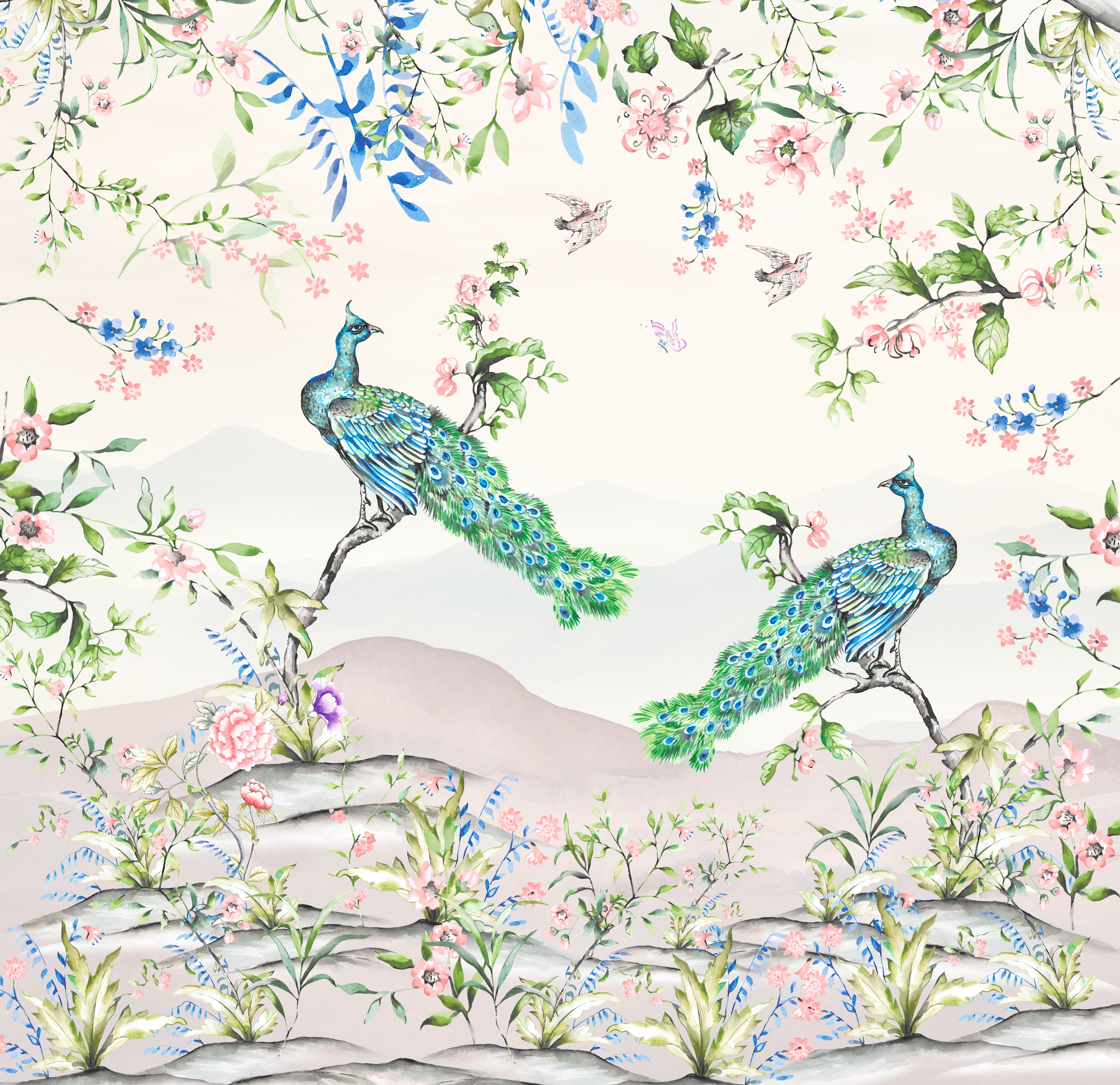 French Chinoiserie Watercolor Wallpaper