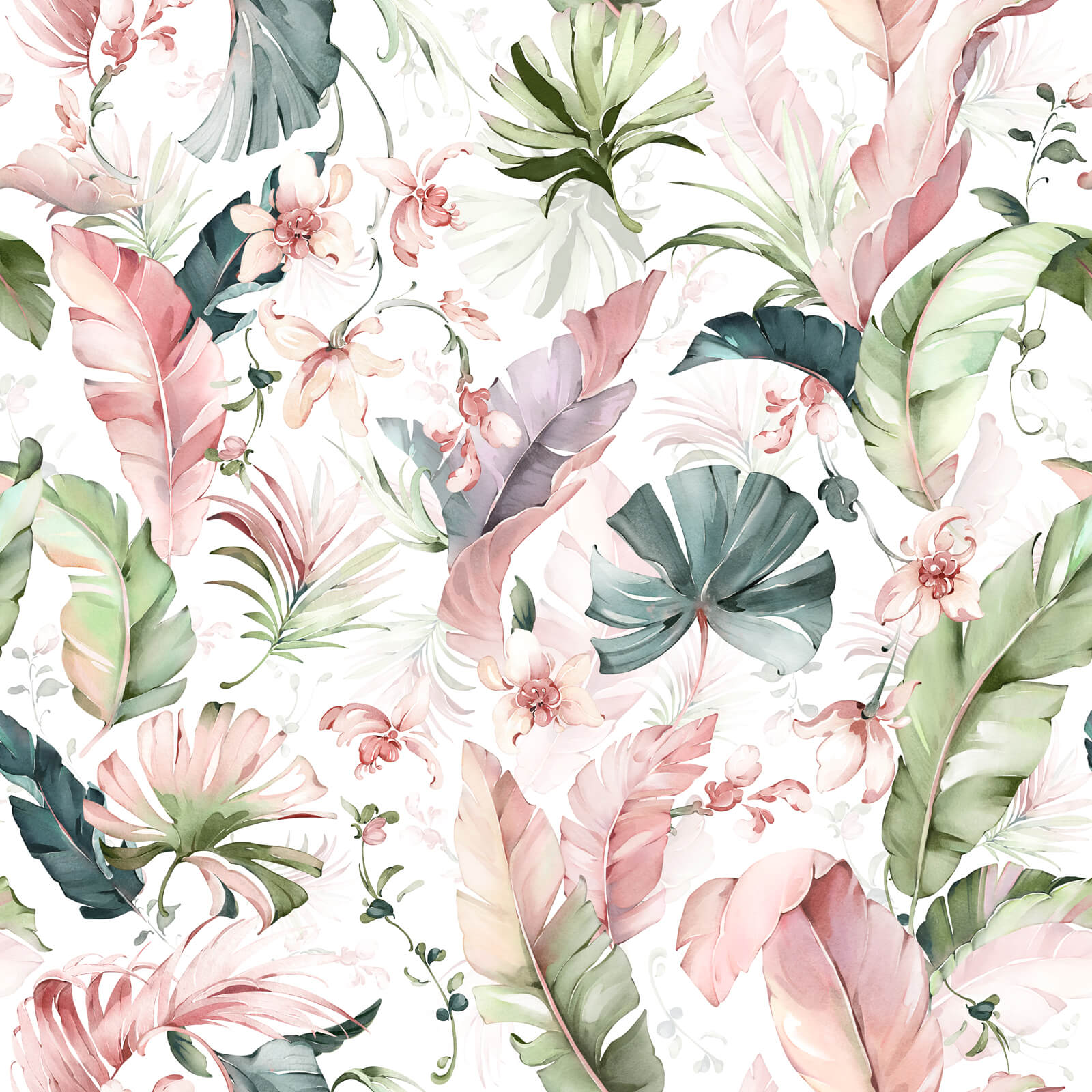 Watercolor Banana Leaves With Flower Wallpaper