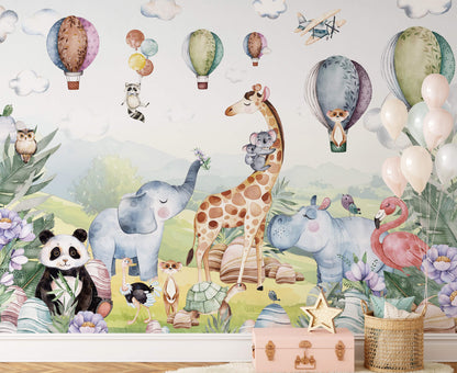Peel and stick blue cartoon animal with baby zebra and elephant wallpaper