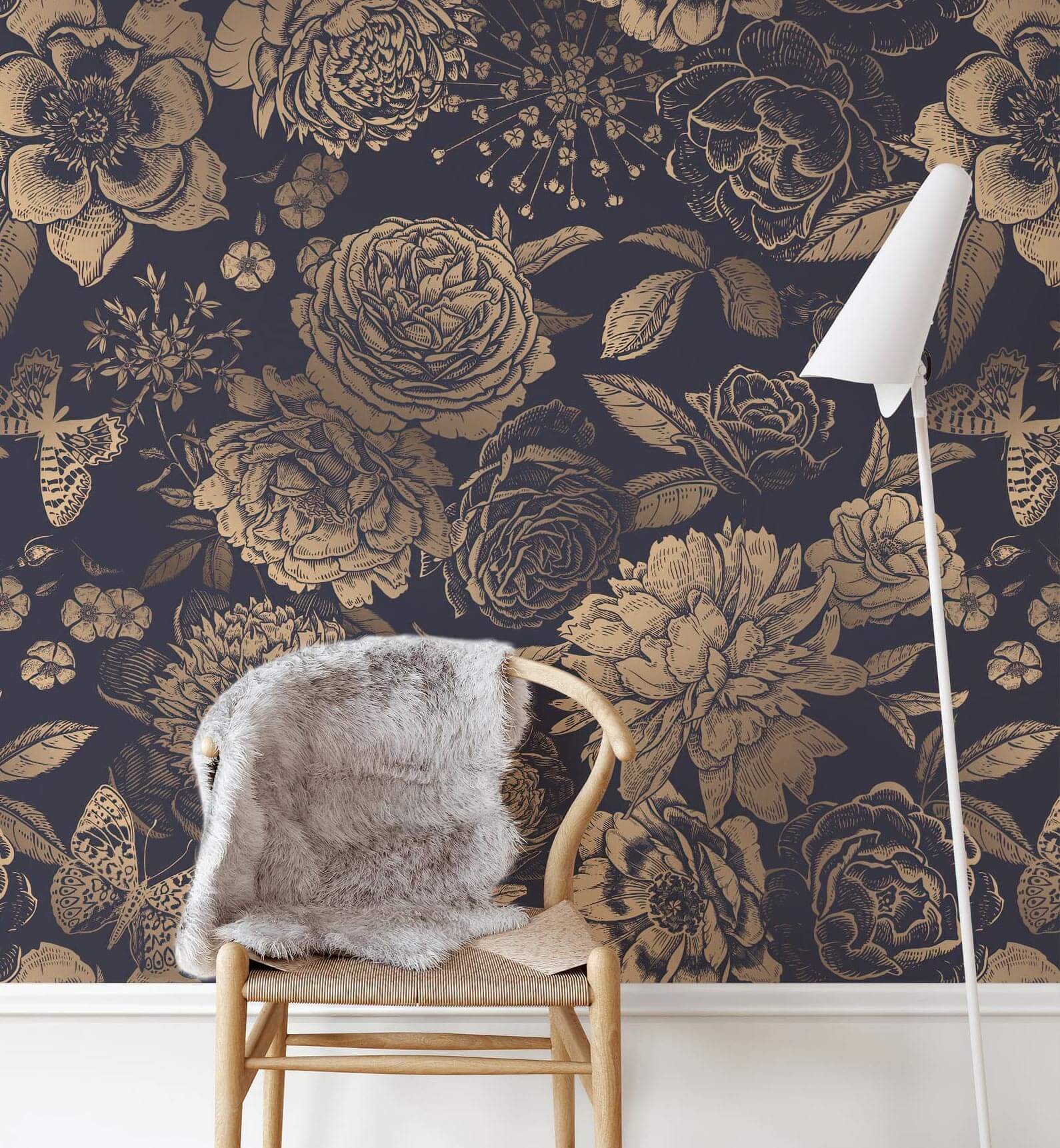 Peel and stick golden flower wallpaper for bedroom walls