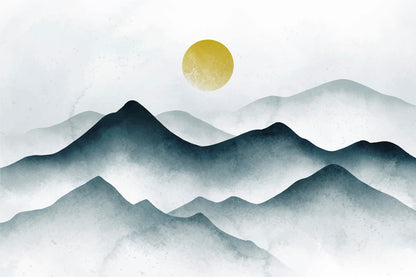 Peel and stick landscape with foggy mountain and sun design wallpaper