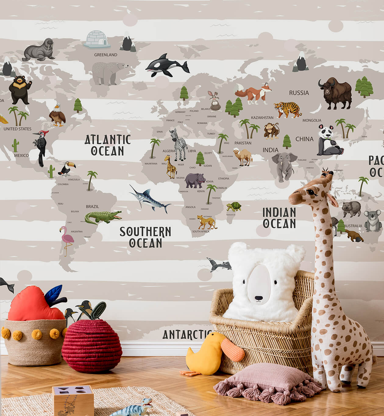 Peel and stick wildlife travel  with world map wallpaper for children’s room