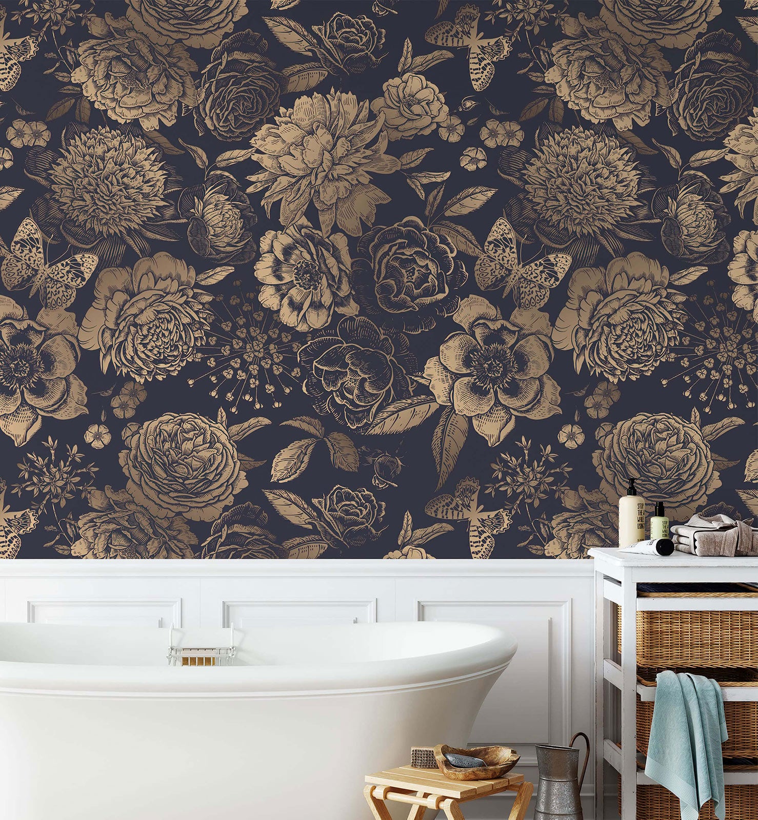 Removable beautiful peonies in black and gold wallpaper for kitchen