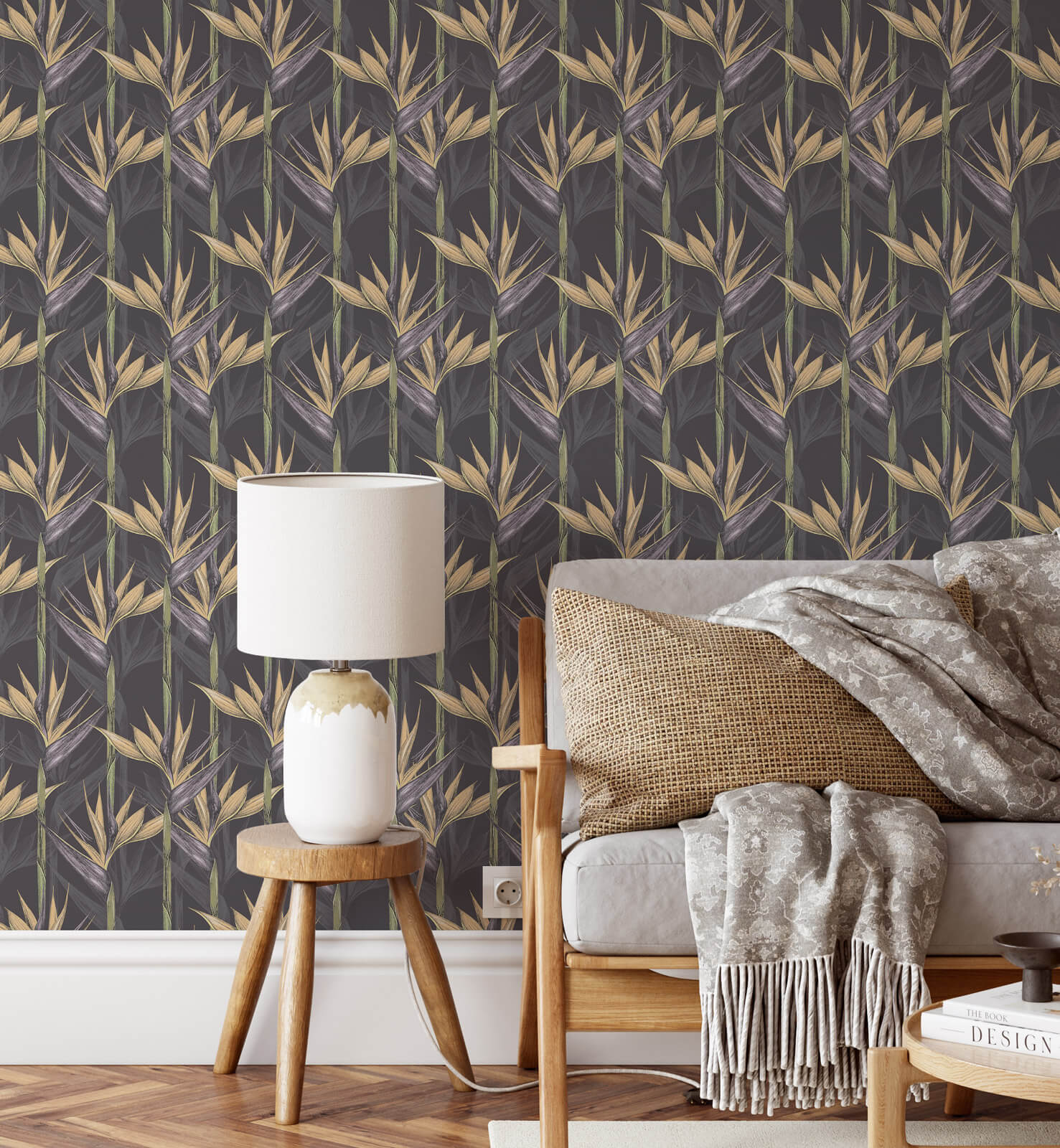 Removable black, green, and blue spring flower wallpaper for bathroom decor