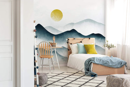 Removable blue mountain wallpaper for living room accent wall