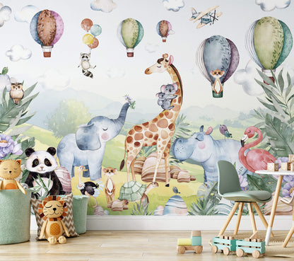 Vinyl cartoon jungle animal wallpaper for nursery or toddler room