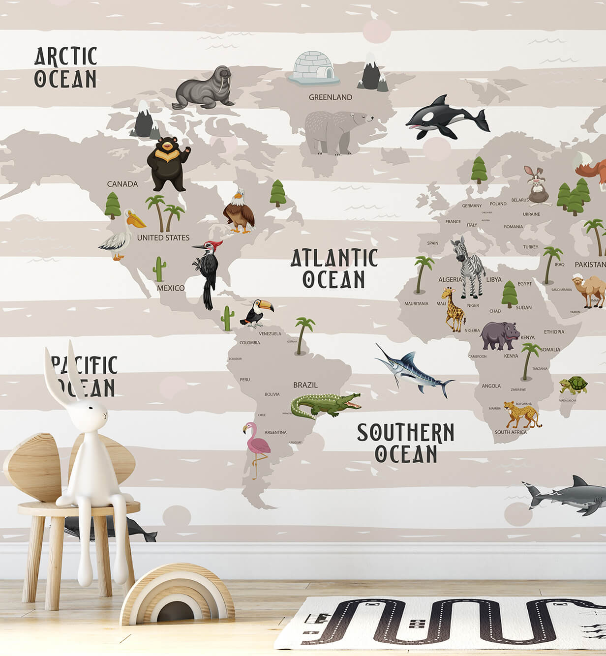 Vinyl panda and sea animal map wallpaper for kids room