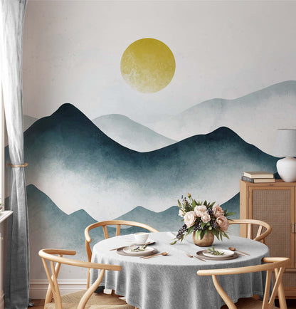 Vinyl watercolor landscape with misty mountains and sun wallpaper