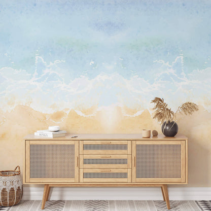 Watercolor blue beach mural wallpaper for living room and bedroom walls