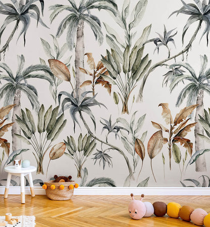 White and green tropical leaves pattern wallpaper for wall