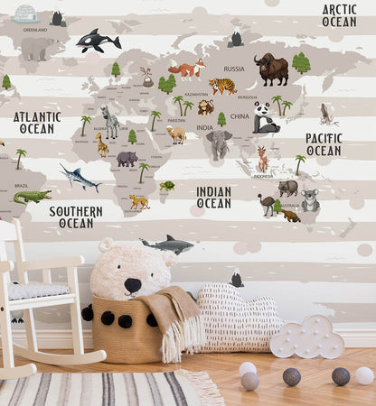White world globe featuring wildlife and geography theme mural wallpaper
