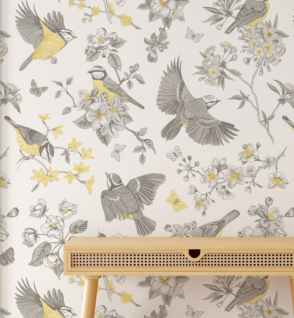Yellow and white blossom birds pattern wallpaper for living room and bedroom